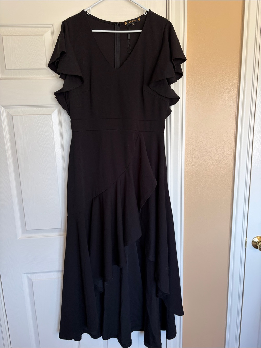 Worn Once- Black Ruffled V-Neck Midi Dress - Women